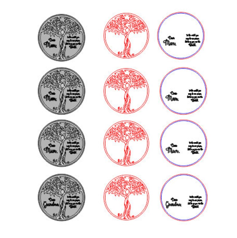 May include: Set of ten round wood-burned ornaments with a tree of life design. The ornaments are in two colors: black and red. The ornaments have a quote about a mother and grandmother.