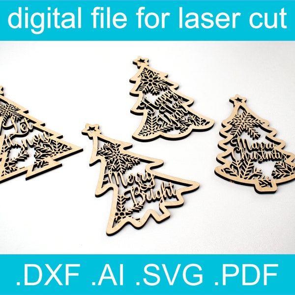 Christmas Ornament SVG, Laser Cut File ,  Personalization Bundle 4 designs  •  Christmas Tree Svg • CNC Files For Wood • Glowforge Files