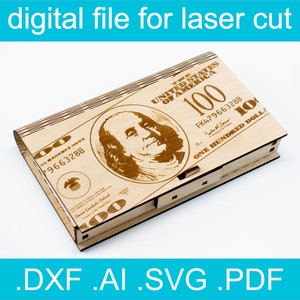 Caja de archivo cortada a láser de 100 dólares SVG DXF Vector cortado a láser para caja de regalo Glowforge
