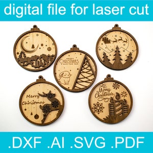 Laserskärna filer Julgransprydnader SVG • Paket med 5 designer • Julsvg • Glowforge • Xtool D1 Pro • Lightburn • CNC • NGLN