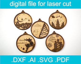Laser Cut Files Christmas Ornaments SVG • Bundle 5 Designs • Christmas Svg • Glowforge • Xtool D1 Pro • Lightburn • CNC • NGLN