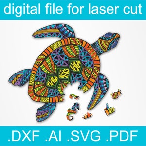 May include: A colourful, intricate, patterned sea turtle jigsaw puzzle with a missing piece. The turtle is made up of many different shapes and colours, including blue, green, yellow, orange, and red. The puzzle is designed for laser cutting.