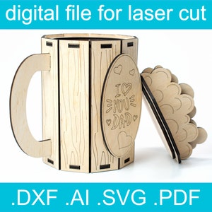 Father Day Laser Cut  File  - Mug Gift Box SVG, Wood Beer Mug, xtool d1,  LightBurn Project,  Glowforge Ideas, Cnc Files For Wood,  NGLN