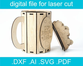 Father Day Laser Cut  File  - Mug Gift Box SVG, Wood Beer Mug, xtool d1,  LightBurn Project,  Glowforge Ideas, Cnc Files For Wood,  NGLN