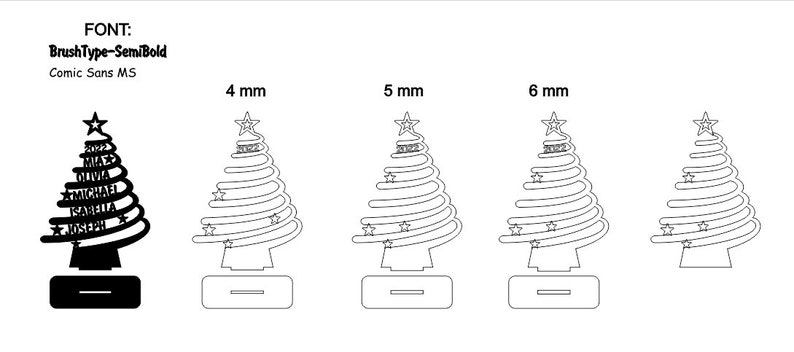 Op de afbeelding: Zwart-witte lijntekening van een kerstboomontwerp met namen en het jaar 2022. De boom wordt getoond in formaten van 4 mm, 5 mm en 6 mm. Het lettertype is BrushType-SemiBold en Comic Sans MS.