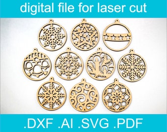 Laser Cut Files Christmas Ornaments SVG Bundle 10 designs,  Christmas Svg,  Christmas Dxf, glowforge files
