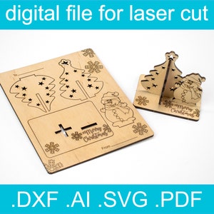 3D-puzzelkerstkaart met sneeuwpop SVG • Lasergesneden bestand • Glowforge • Xtool d1 • Lightburn • CNC • Vectorafbeeldingen