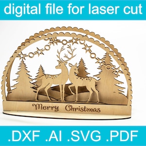 Cervo con scena natalizia 3D in formato SVG • File di taglio laser • Glowforge • Xtool d1 • Lightburn • CNC • Grafica vettoriale