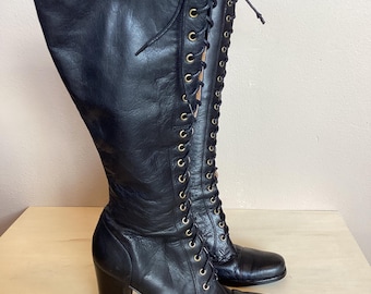 Vintage Black Leather Granny Boots Knee High Lace Up Cap Toe / Y2K Jessica Bennett / Victorian Goth Steampunk Tall Heeled Size 6