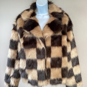 Checkerboard Faux Fur Jacket | Stella Dallas Brown & Tan Coat | Soft Plush Winter Jacket | Mob Wife Aesthetic | Women’s S/M