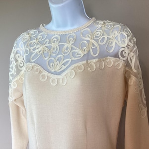 1980s Michelle Stuart Wool Knit Midi Dress: Sheer Illusion Neckline, Soutache Embroidery