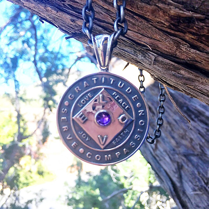 May include: A silver necklace with a round pendant featuring the words "Gratitude, Love, Joy, Faith, Peace, Compassion, Serve, Evolve" around a square with a purple gemstone in the center.