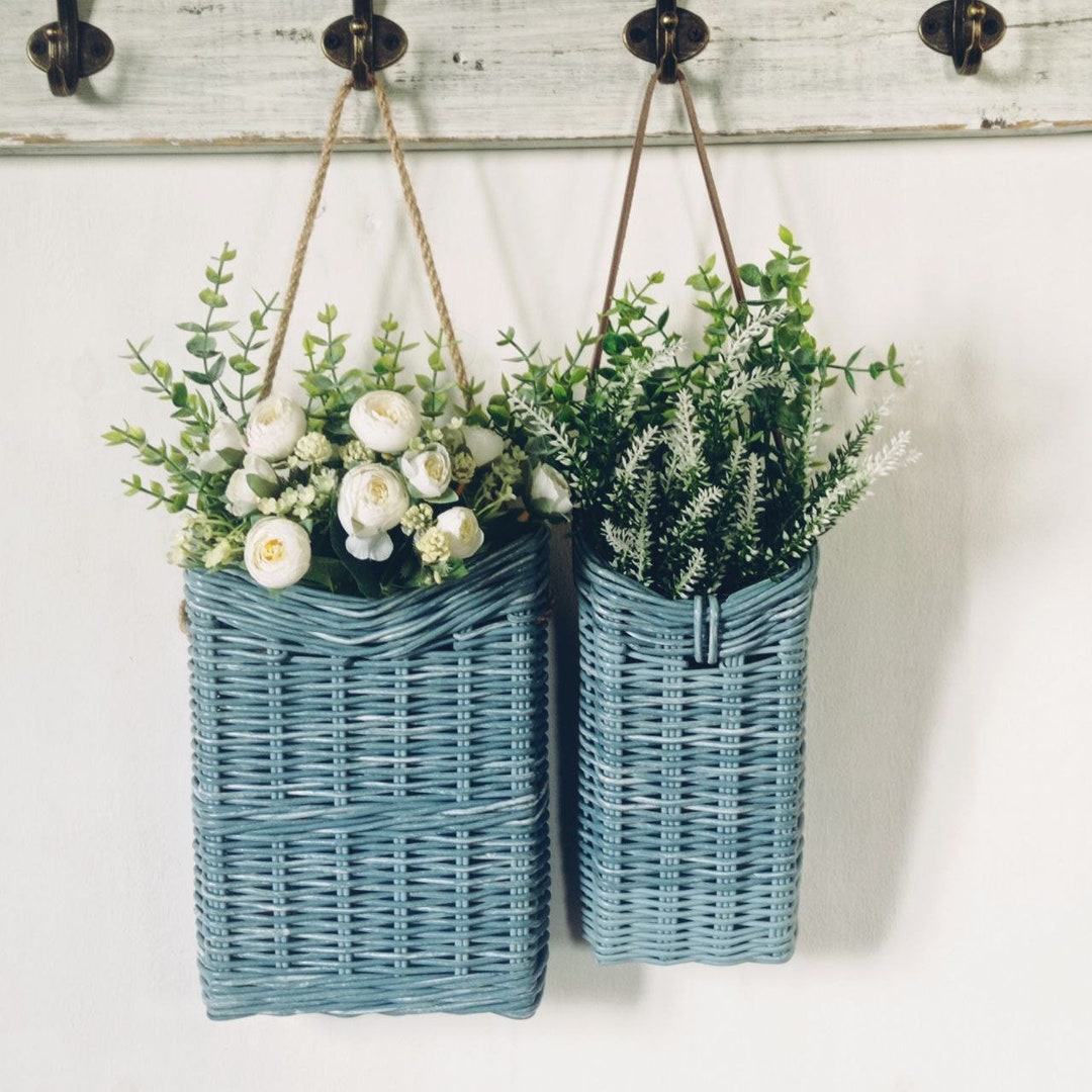 Door Basket With Flower Farmhouse Wall Decor Blue Wicker Wall Hanging
