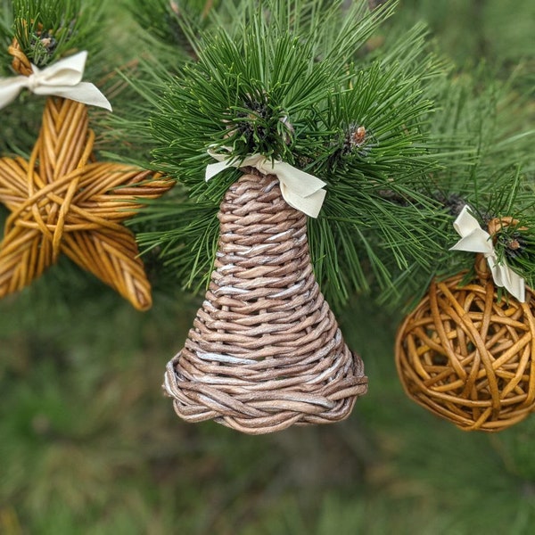 Set of 3 farmhouse christmas ornaments, Willow Star decoration, Wicker Christmas Bells/Ball Ornament, 9th wedding anniversary gift willow