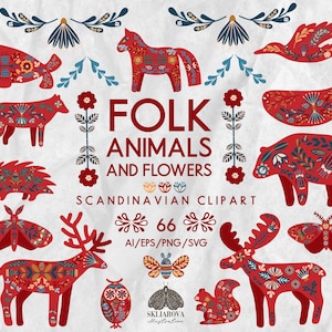 Animali popolari SVG Animali del bosco Clipart di animali popolari Clipart scandinavo Arte popolare nordica Clipart di fiori popolari Arte popolare scandinava