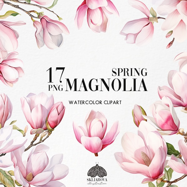 Watercolor Magnolia Clipart PNG Pink Flower Bouquets Spring Clip art Wedding Blooming Tree Branches Floral Sublimation Digital Download