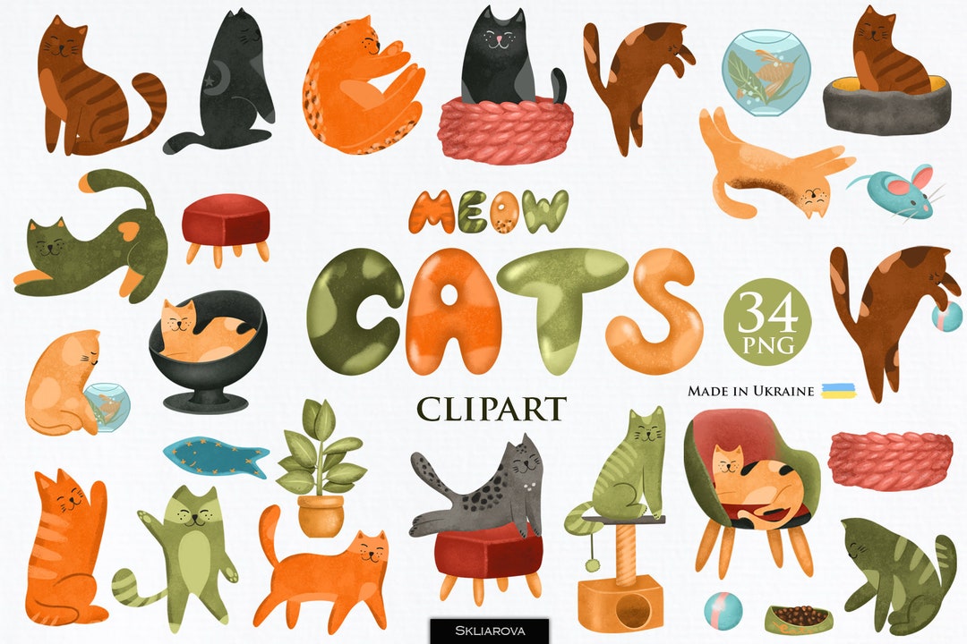 Cat Clipart Cute Funny Cats Cartoon Animal Clipart Watercolor Pet