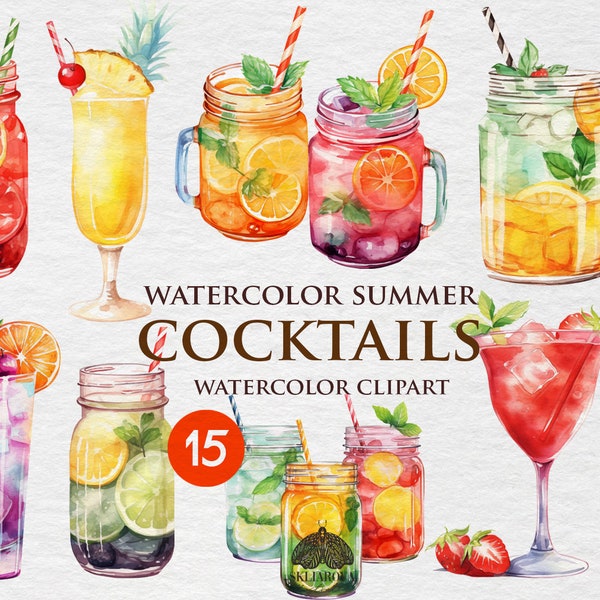 Cocktail Clipart aquarel zomercocktails tropische fruitdrank Pina Colada ijs citrussap alcohol Daiquiri Blue Lagoon Beach Bar Menu