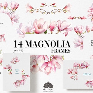 Aquarell Magnolie Rahmen Clipart PNG Blumenkranz Frühlingshochzeitskarte Runde Rahmen Rosa Blumenrand Blühende Zweige Blumenteiler