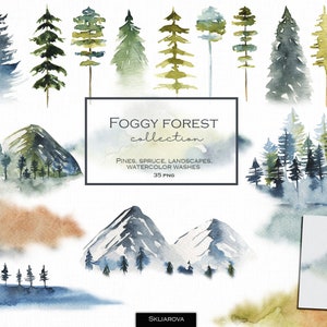 Clipart della foresta dell'acquerello Clipart della natura Montagne Paesaggio invernale Pino Bosco nebbioso Abete rosso Conifere Invito di nozze
