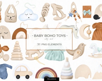 Newborn baby clipart Nursery art Baby toys clipart Boho toys png Baby shower Rainbow clipart Decor for nursery Wooden toys Commercial use