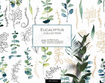 Watercolor Eucalyptus Branches Clipart Eucalyptus Print Line Art Botanical Greenery Golden Leaves clipart Gold Foliage Wedding Save the Date