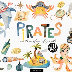 Watercolor pirates clipart Pirate clipart Pirates clip art Pirates png Baby boy shower card Pirate party Kids birthday clipart Boy clipart