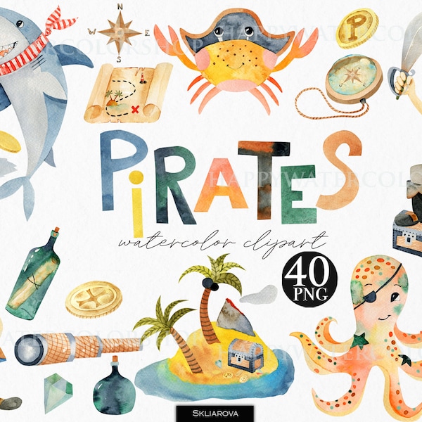 Watercolor pirates clipart Pirate clipart Pirates clip art Pirates png Baby boy shower card Pirate party Kids birthday clipart Boy clipart