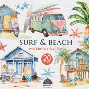 Aquarel surfen clipart surfen zomer png surfplank strandhuis palmen reizen vakantie oceaan vakantie palmbomen zeereis sublimatie