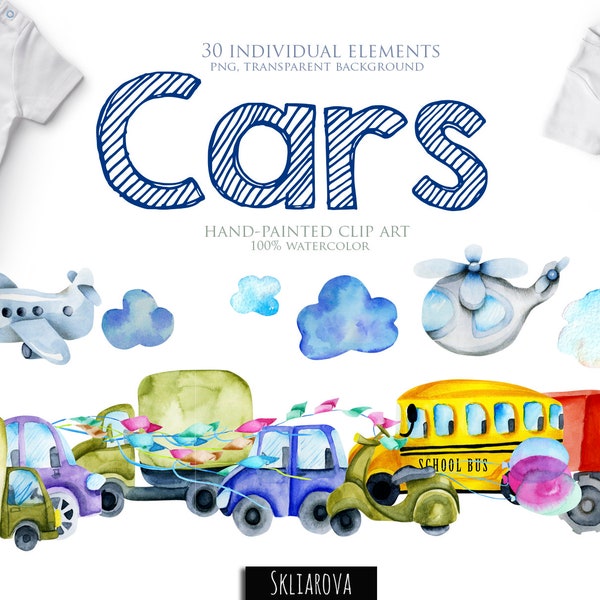 Watercolor Cars Clipart Png Kids Toy Car Clip art Children Transport Airplane School Bus Truck Teacher clipart Boys Baby shower Nursery