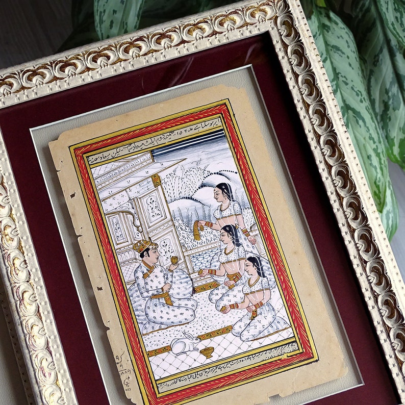 Islamic Romantic Painting ORIGINAL Turkish Miniature Wall Art, Islamic Fine Art Gift for Her, Islamic Vintage Historical Painting Framed