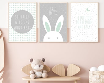 3 Poster Kunstdruck Bilder Kinderzimmer MINTGÜN/GRAU, Kinderzimmer Deko, Tier-Print, Wanddeko Kinderzimmer, Poster Kinderzimmer, Jungszimmer