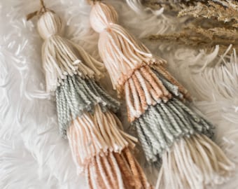 Boho Macrame Car Tassel Charm | Powder Blue Pink Yarn Rearview Mirror Hanging
