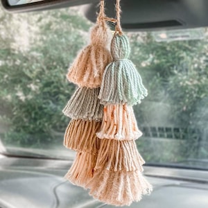 Boho Macrame Car Tassel Charm | Dusty Blue Taupe Rearview Mirror Accessory 画像 1