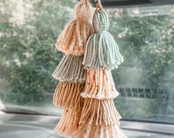 Boho Macrame Car Tassel Charm | Dusty Blue Taupe Rearview Mirror Accessory