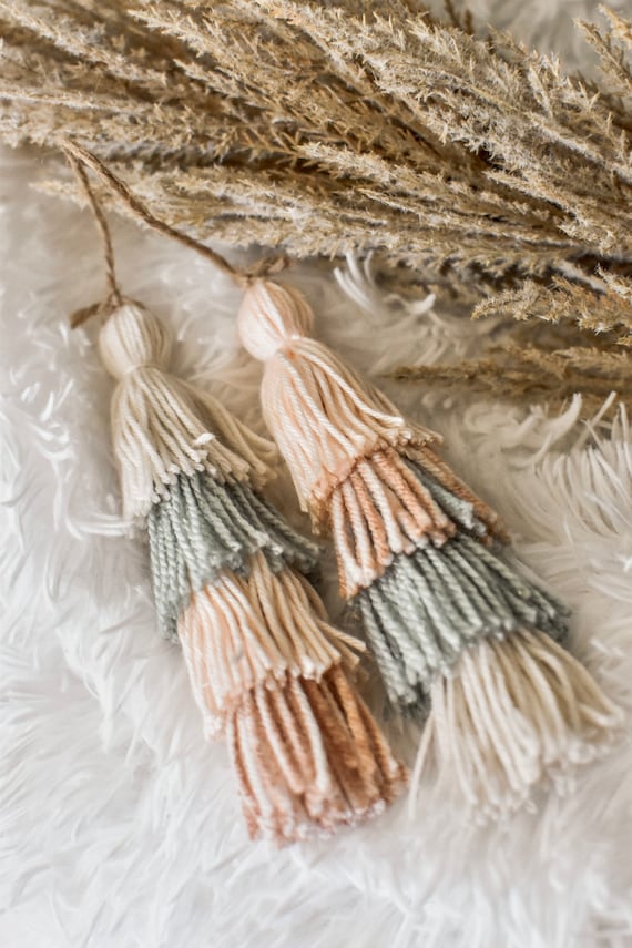 Boho Macrame Car Tassel Charm | Powder Blue Pink Yarn Rearview Mirror Hanging