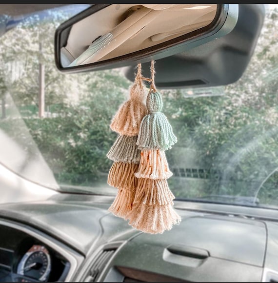 Boho Macrame Car Tassel Charm | Dusty Blue Taupe Rearview Mirror Accessory