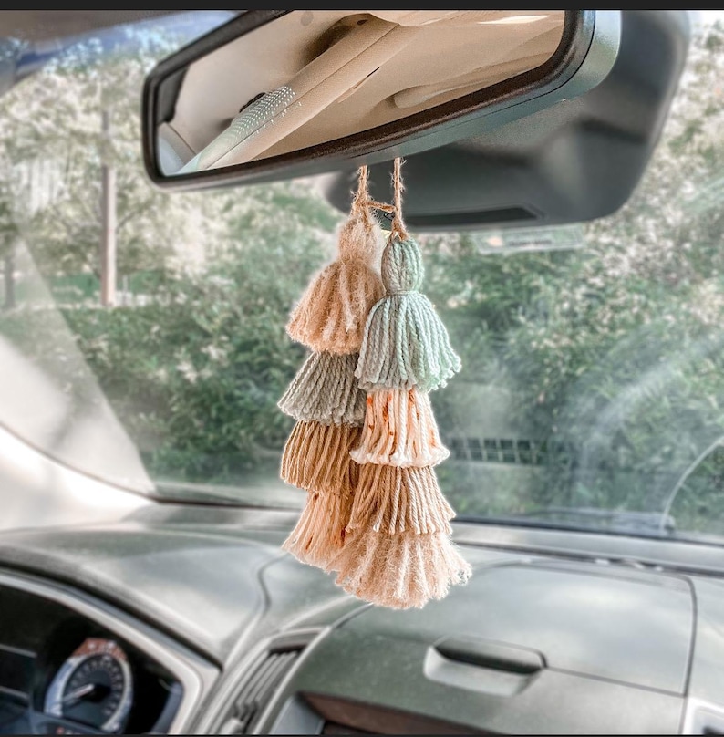 Boho Macrame Car Tassel Charm | Dusty Blue Taupe Rearview Mirror Accessory 画像 1
