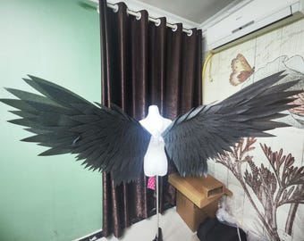 Alas de ángel negras hechas a mano con aleteo eléctrico sincronizado - Kit de motor de alas móviles con batería 14500 y correa - Alas incluidas