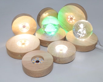 Wood Base-Round Light Base night light  wooden lamp base for Crystal ornaments, figurines models etc-Rechargable Design