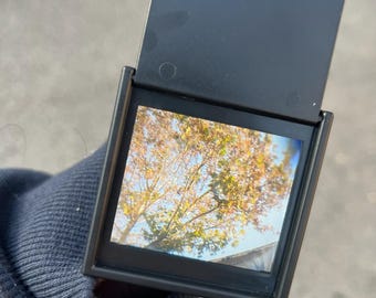 May include: A black slide viewer displaying a photograph of a tree with yellow and orange leaves against a blue sky. The viewer is held up, with the top open, revealing the image. The viewer is rectangular and has a hinged top.