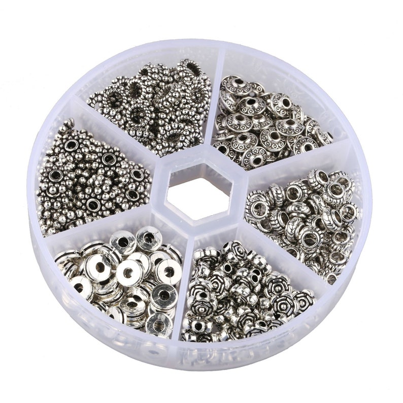 300pcs 6 Style Antique Silver Spacer Beads Tibetan Bali Alloy Tube Metal Spacers for Bracelet Necklace Jewelry Making Findings Accessories
