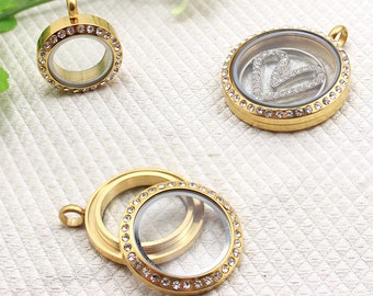 Stainless Steel Gold Color Rhinestones Floating Lockets for Floating charms Keychain/Necklace/Bracelet