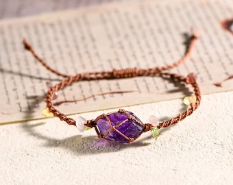 Handmade Braid Natural Crystal Stone Bracelet , Crystal Bracelets , Stone Bracelet , Weave Wristband-Brown Cord with Purple Stone