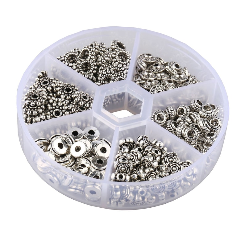 300pcs 6 Style Antique Silver Spacer Beads Tibetan Bali Alloy Tube Metal Spacers for Bracelet Necklace Jewelry Making Findings Accessories
