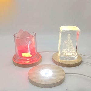 10cm / 4inch Thin Design Wood Base-Round Light Base night light wood lamp base for Crystal ornaments, figurines models etc- USB Cable Charge