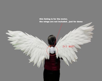 May include: White angel wings with a motor attached to the back. The wings are made of layered feathers. The text on the image says, "this listing is for the motor, the wings are not included, just for demo" and "DIY MART".