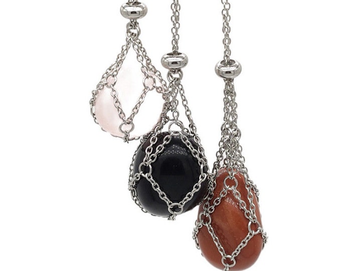 Silver / Gold Color S/M/L Necklace with Stone Cage Holder, Necklace for crystal , Stone Necklace , adjustable necklace cage cord-Design 1
