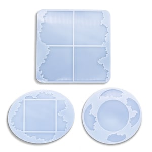 May include: Three silicone molds for resin art. The molds are in the shape of a square, a circle, and an oval. Each mold has a raised, irregular edge that resembles a geode.