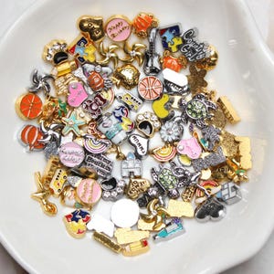 May include: A collection of colourful charm beads with various designs, including a school bus, a rainbow, a turtle, a heart, a star, a pumpkin, a flower, and a school bus. The charms are made of metal and have a shiny finish.